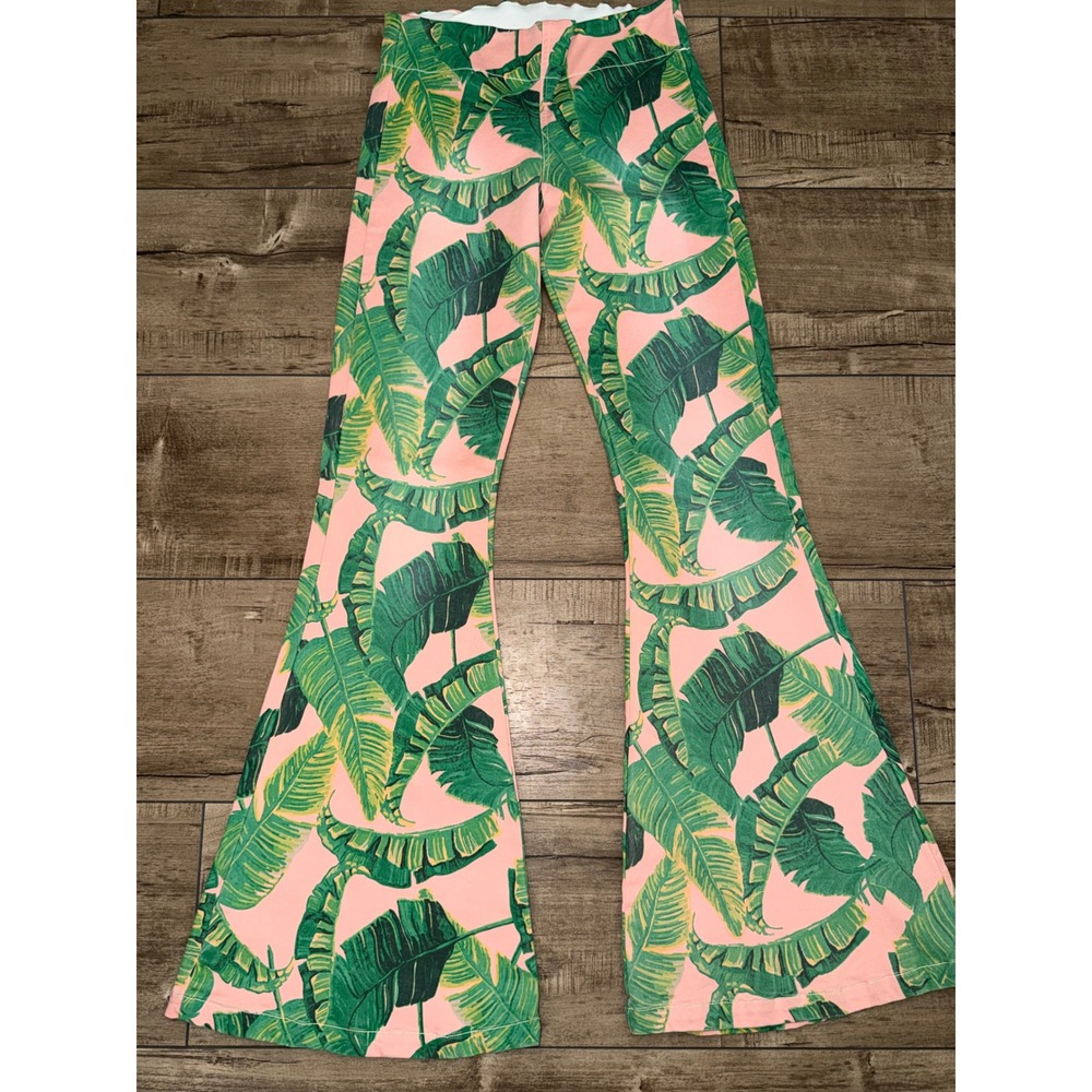 Judith March Pink Green Tropical Banana Leaf Print Bell Bottom Flare Pants M